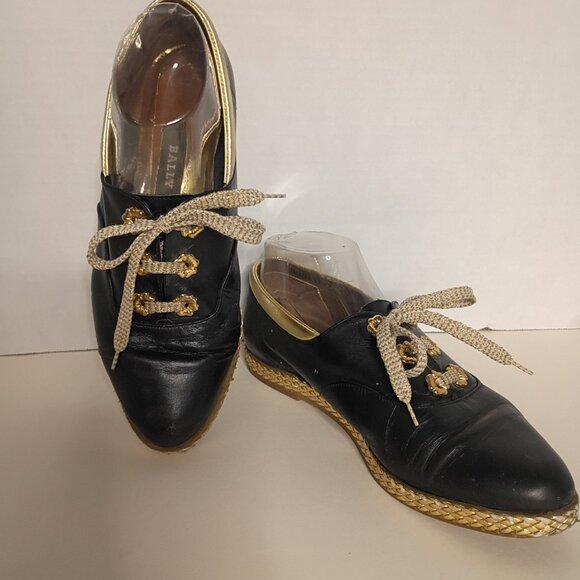 Y2K BALLY "Jallut" Italian Oxford Flats Black Leather Gold Trim Sz 9M - Picture 2 of 15